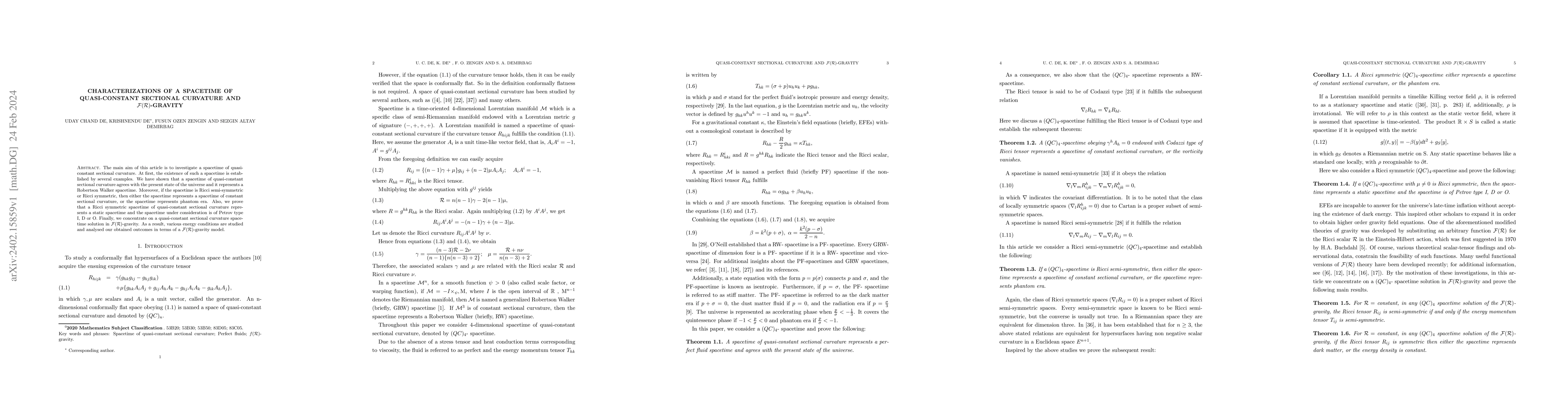 Thumbnail for Characterizations of a spacetime of quasi-constant sectional curvature
  and $\mathcal{F}(\mathcal{R})$-gravity