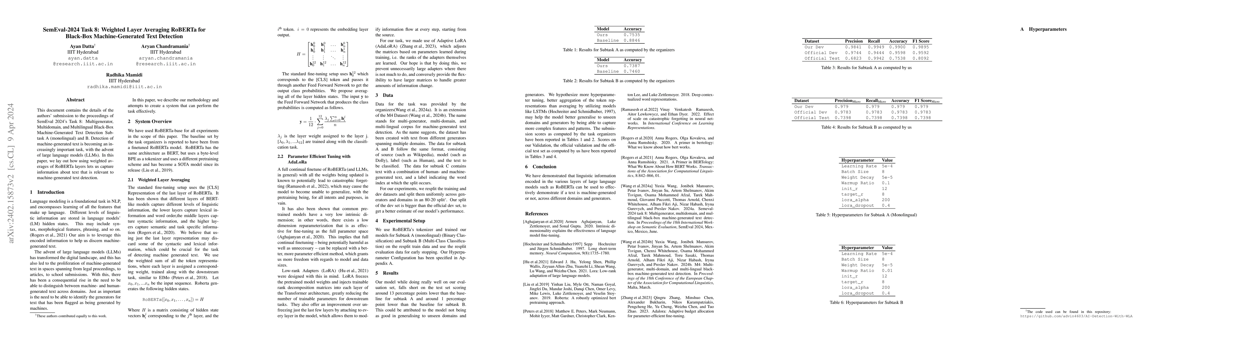 Thumbnail for SemEval-2024 Task 8: Weighted Layer Averaging RoBERTa for Black-Box
  Machine-Generated Text Detection