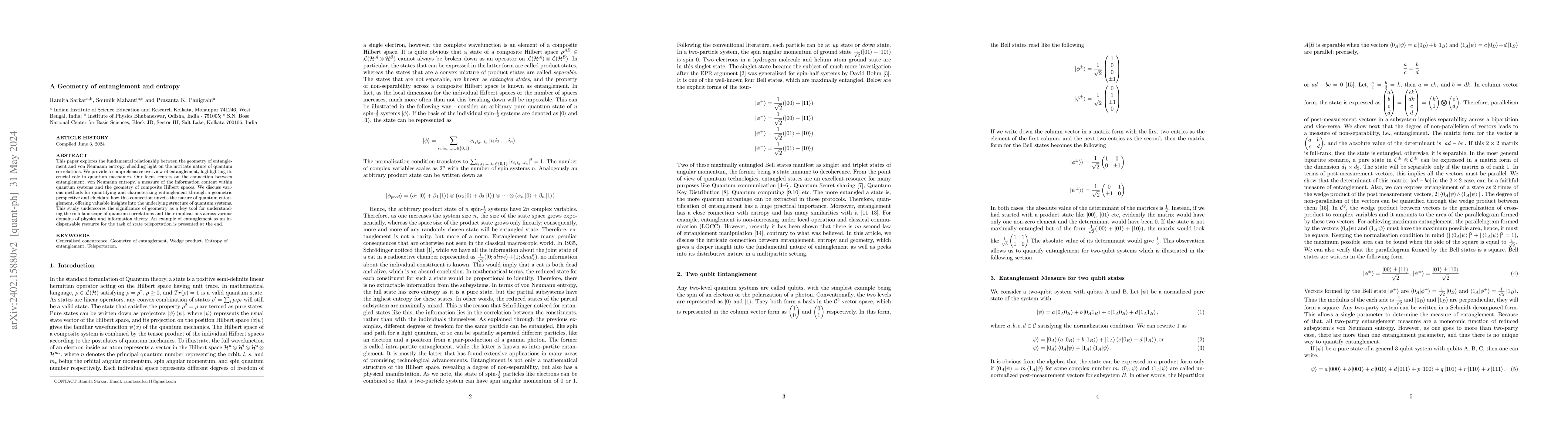 Thumbnail for A Geometry of entanglement and entropy