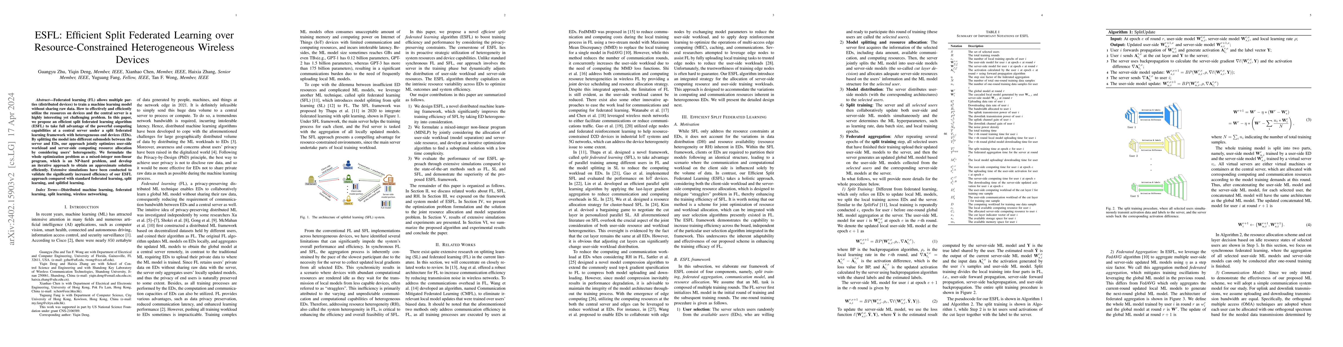 Thumbnail for ESFL: Efficient Split Federated Learning over Resource-Constrained
  Heterogeneous Wireless Devices