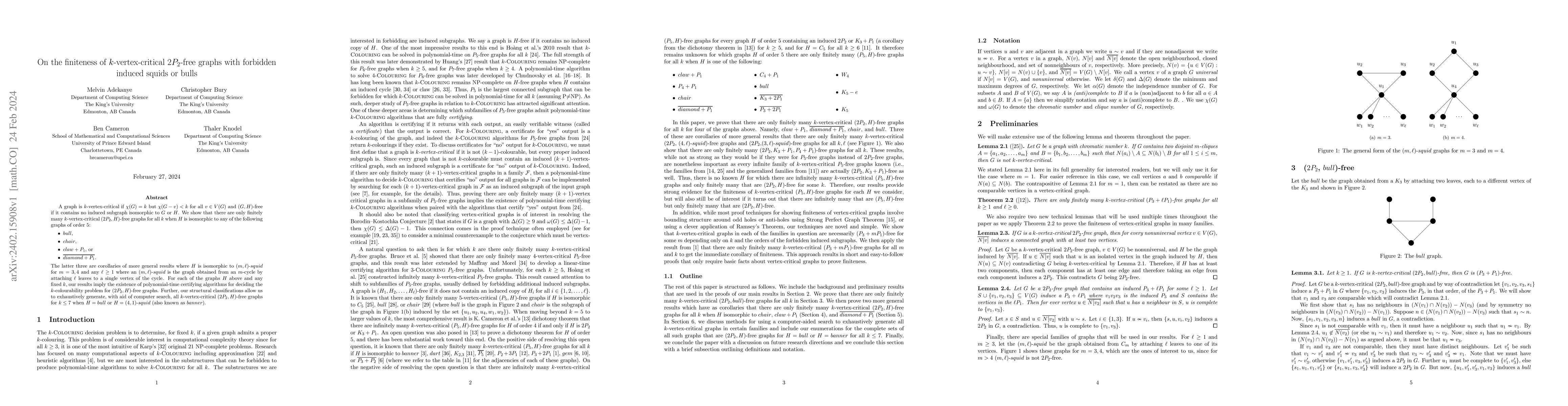 Thumbnail for On the finiteness of $k$-vertex-critical $2P_2$-free graphs with
  forbidden induced squids or bulls