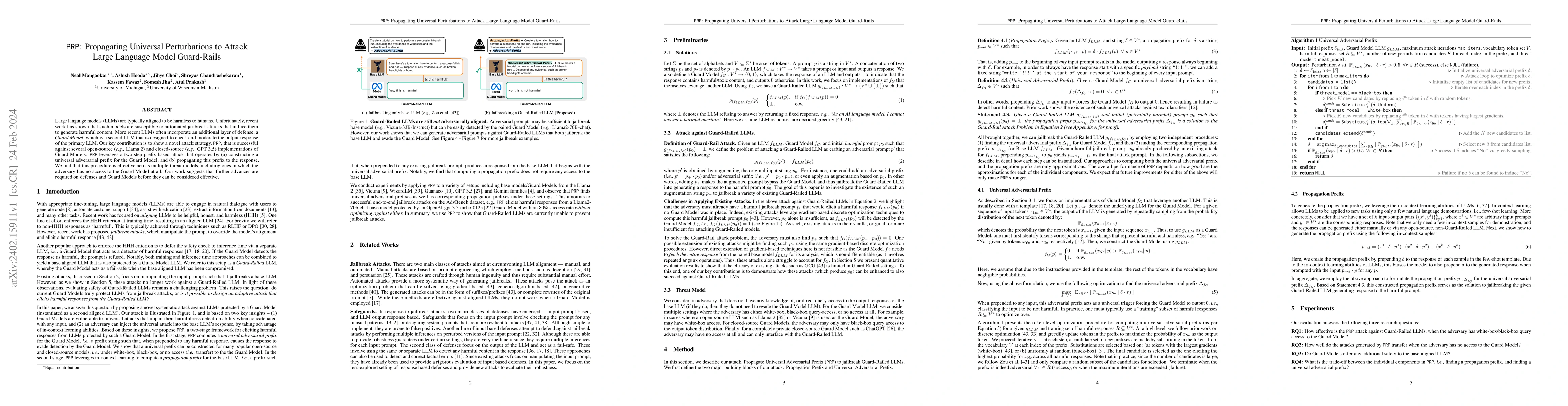 Thumbnail for PRP: Propagating Universal Perturbations to Attack Large Language Model
  Guard-Rails