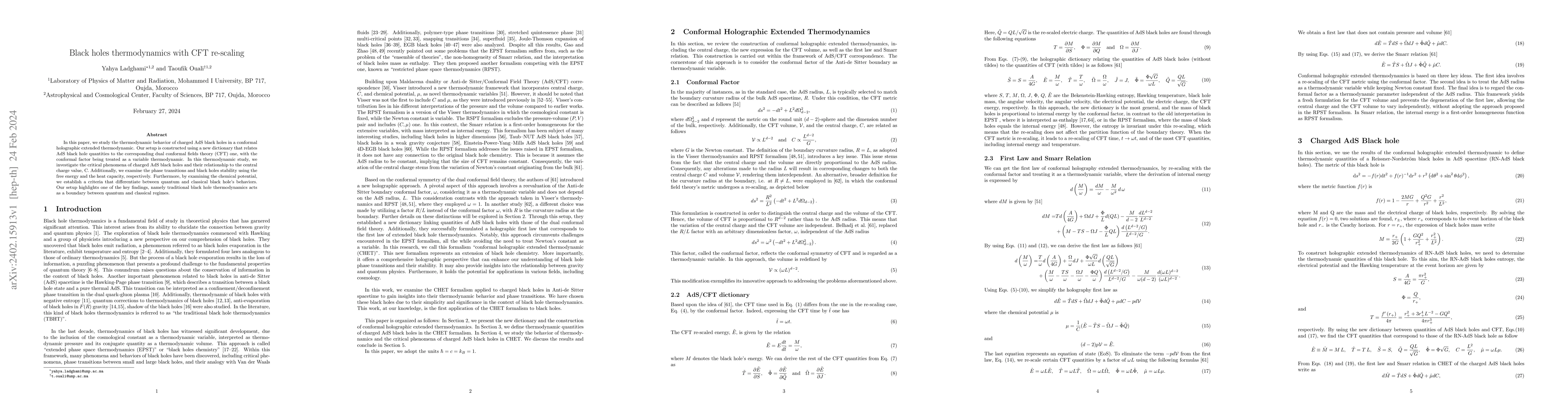 Thumbnail for Black holes thermodynamics with CFT re-scaling
