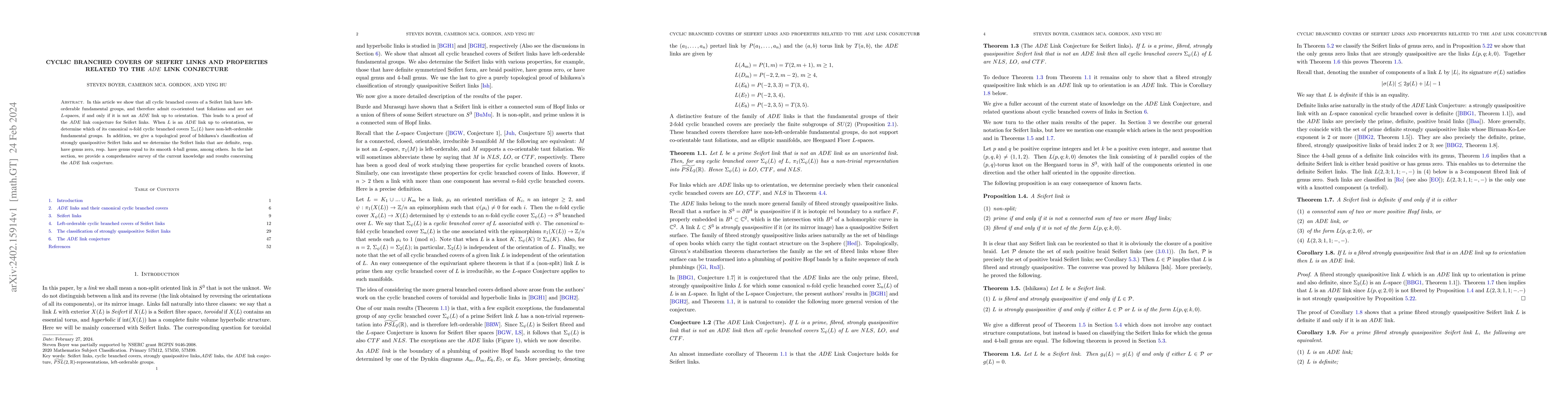 Thumbnail for Cyclic branched covers of Seifert links and properties related to the
  $ADE$ link conjecture