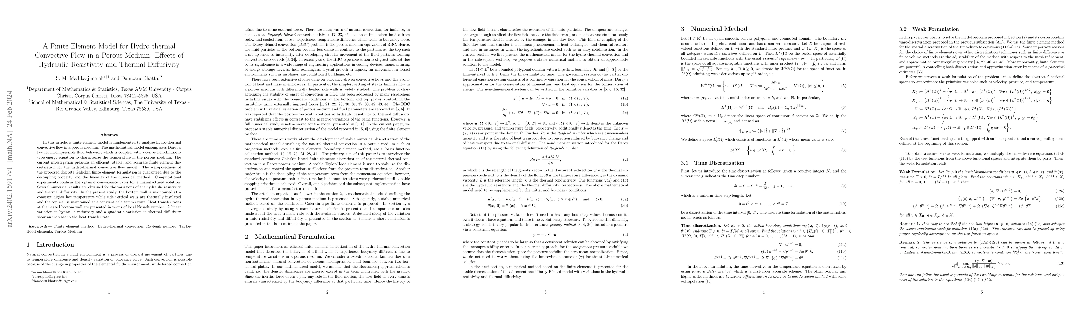 Thumbnail for A Finite Element Model for Hydro-thermal Convective Flow in a Porous
  Medium: Effects of Hydraulic Resistivity and Thermal Diffusivity