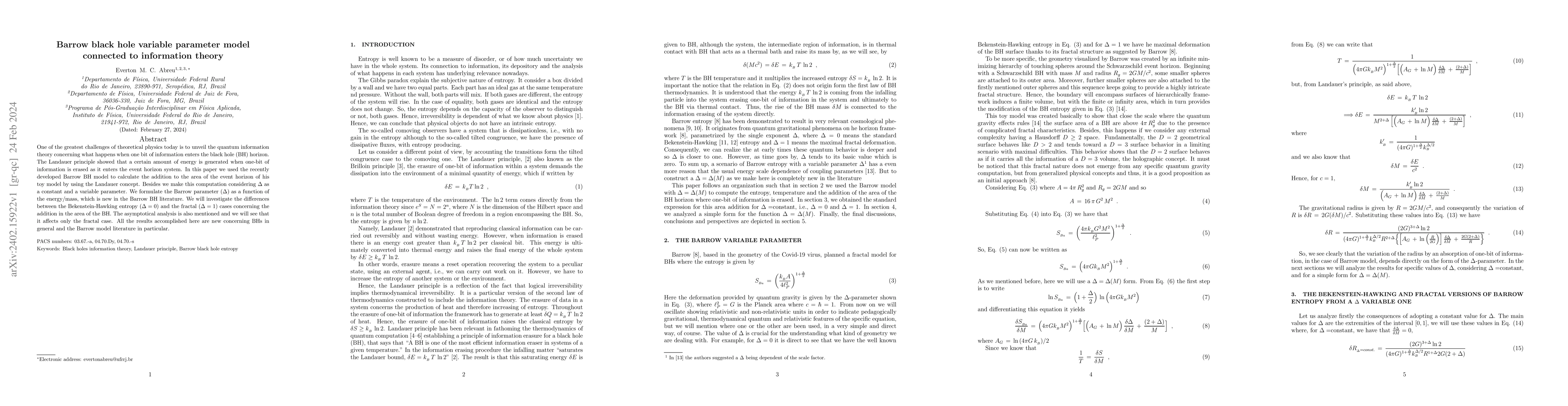 Thumbnail for Barrow black hole variable parameter model connected to information
  theory