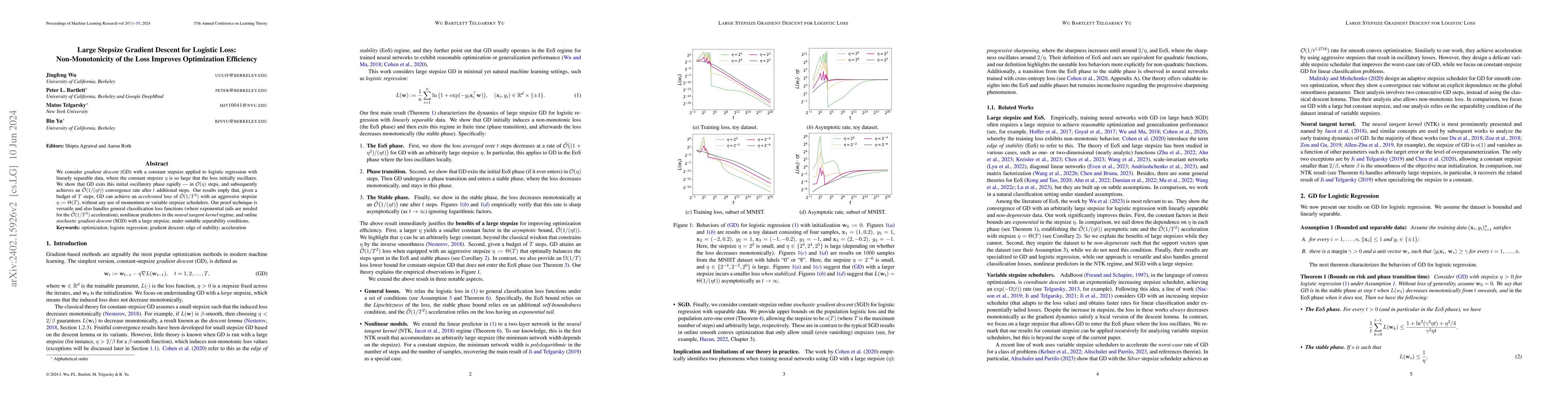Thumbnail for Large Stepsize Gradient Descent for Logistic Loss: Non-Monotonicity of
  the Loss Improves Optimization Efficiency