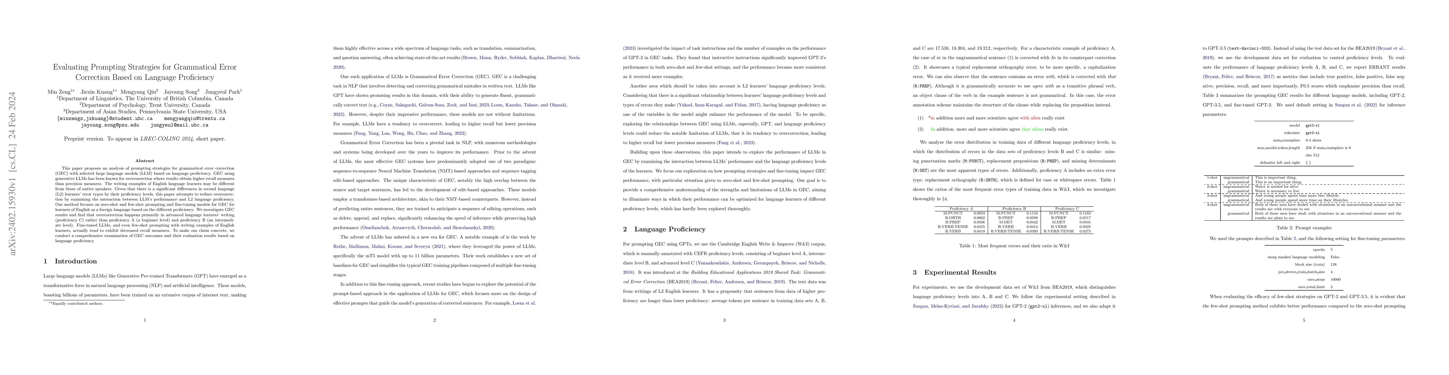 Thumbnail for Evaluating Prompting Strategies for Grammatical Error Correction Based
  on Language Proficiency