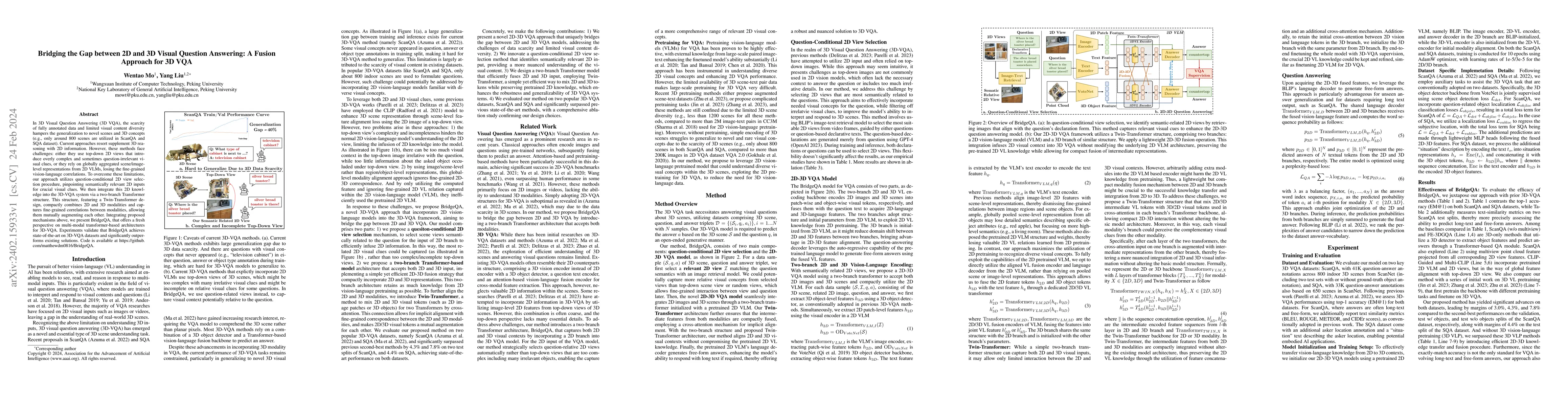 Thumbnail for Bridging the Gap between 2D and 3D Visual Question Answering: A Fusion
  Approach for 3D VQA