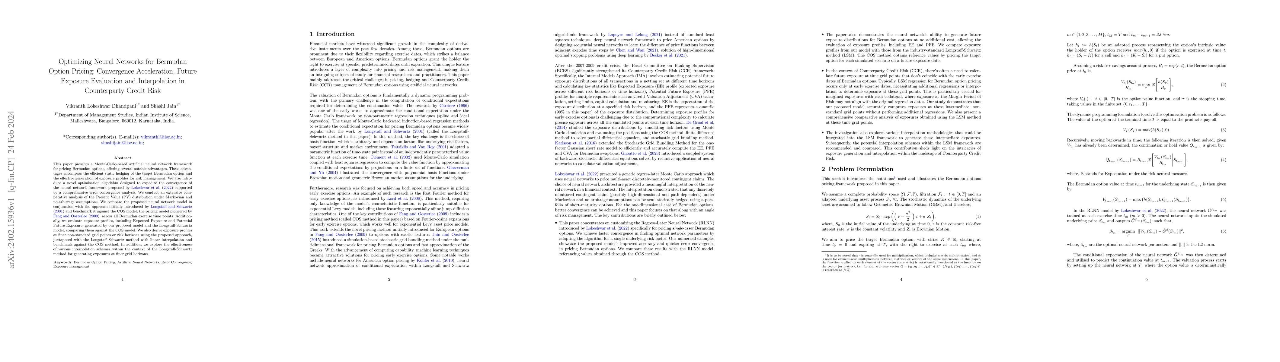 Thumbnail for Optimizing Neural Networks for Bermudan Option Pricing: Convergence
  Acceleration, Future Exposure Evaluation and Interpolation in Counterparty
  Credit Risk