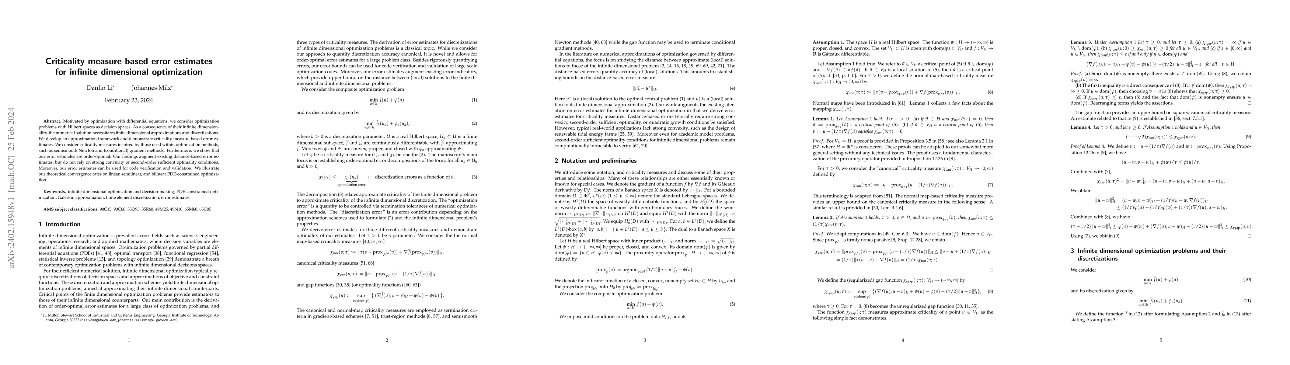 Thumbnail for Criticality measure-based error estimates for infinite dimensional
  optimization