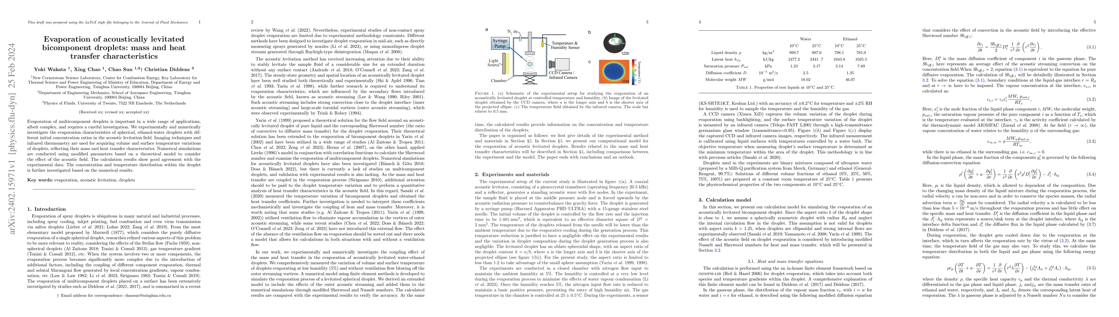 Thumbnail for Evaporation of acoustically levitated bicomponent droplets: mass and
  heat transfer characteristics
