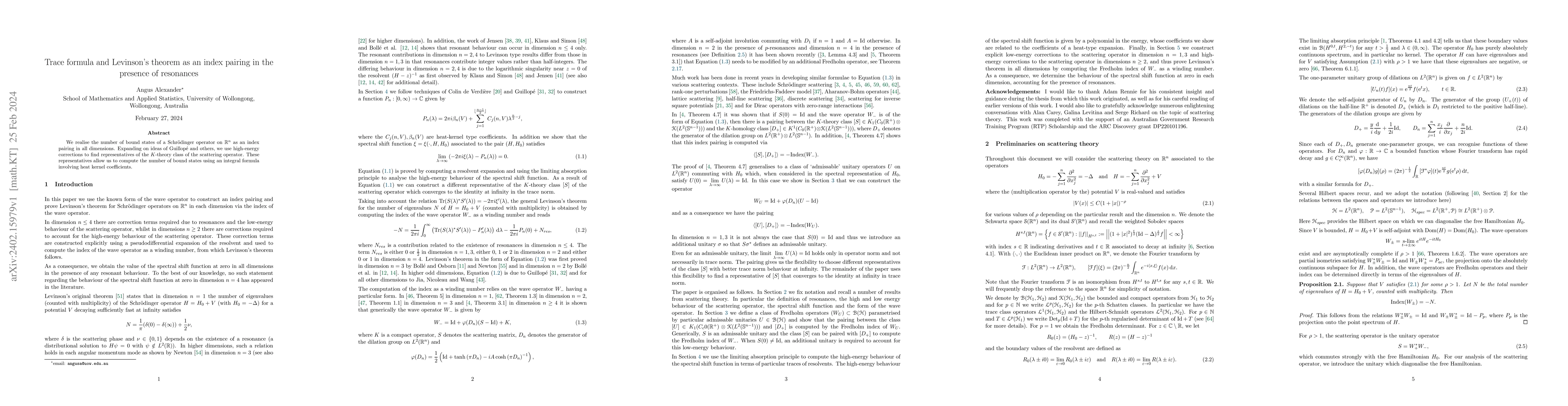 Thumbnail for Trace formula and Levinson's theorem as an index pairing in the presence
  of resonances