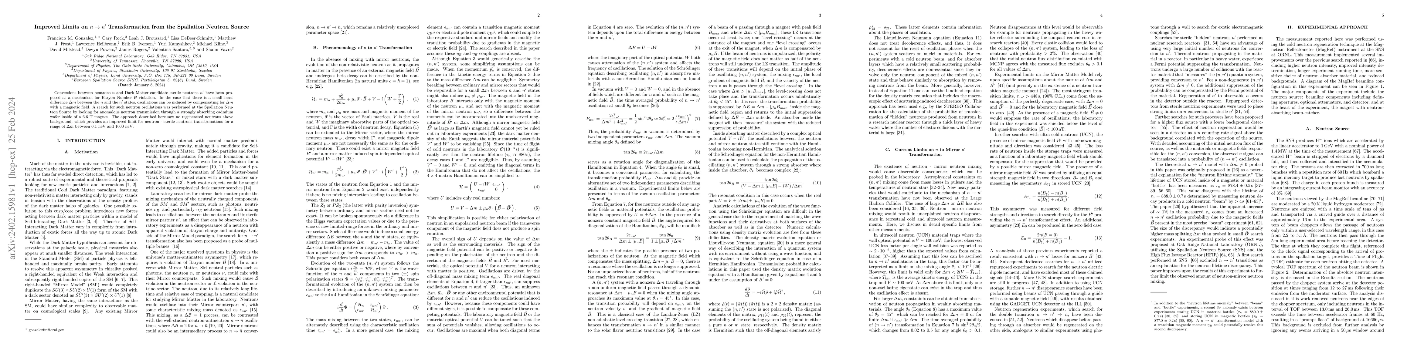 Thumbnail for Improved Limits on $n \rightarrow n'$ Transformation from the Spallation
  Neutron Source