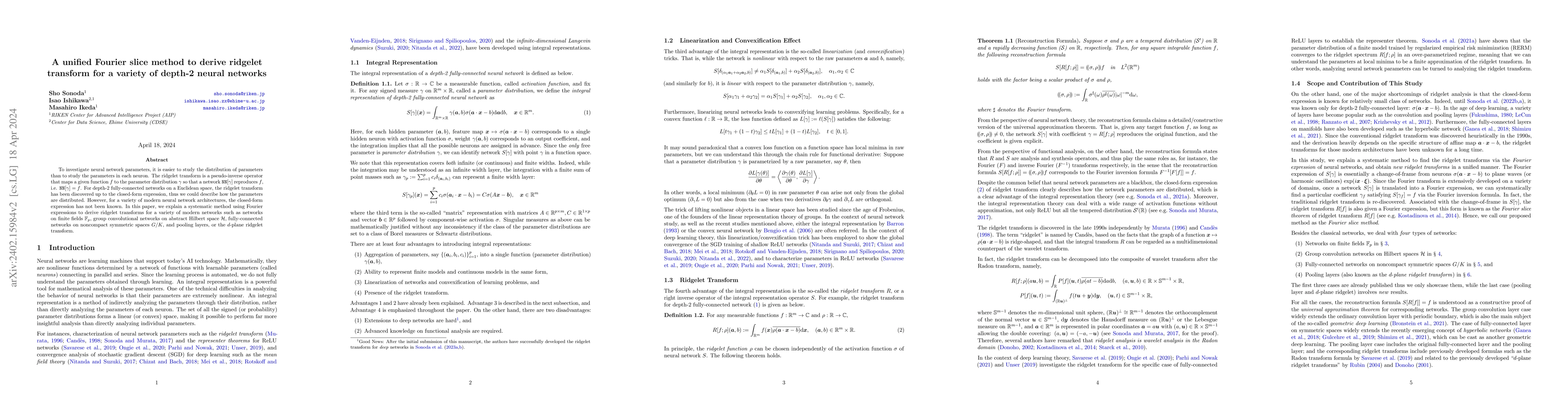 Thumbnail for A unified Fourier slice method to derive ridgelet transform for a
  variety of depth-2 neural networks