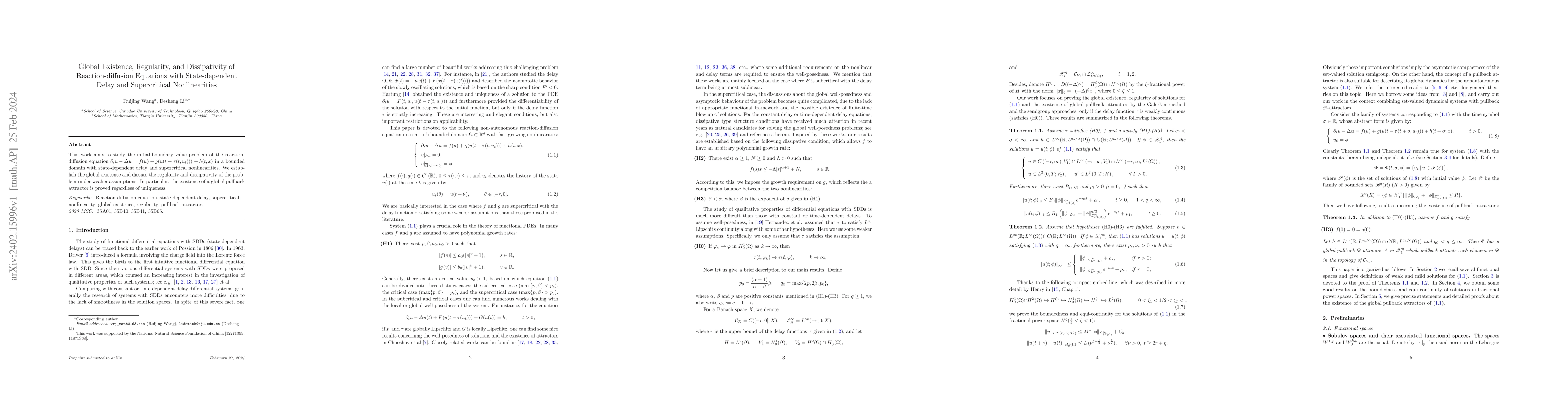 Thumbnail for Global Existence, Regularity, and Dissipativity of Reaction-diffusion
  Equations with State-dependent Delay and Supercritical Nonlinearities