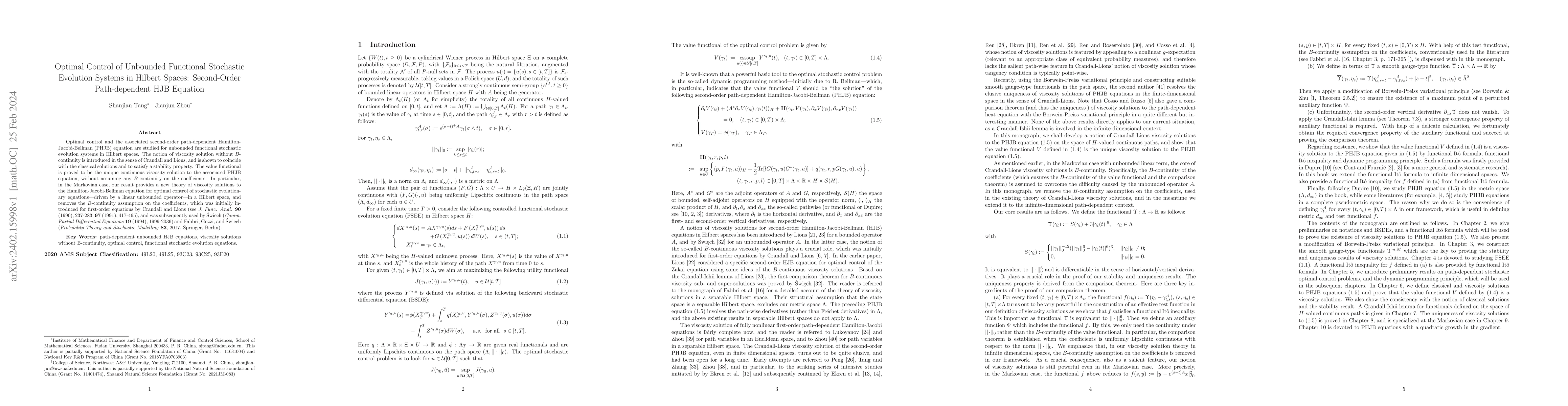 Thumbnail for Optimal Control of Unbounded Functional Stochastic Evolution Systems in
  Hilbert Spaces: Second-Order Path-dependent HJB Equation