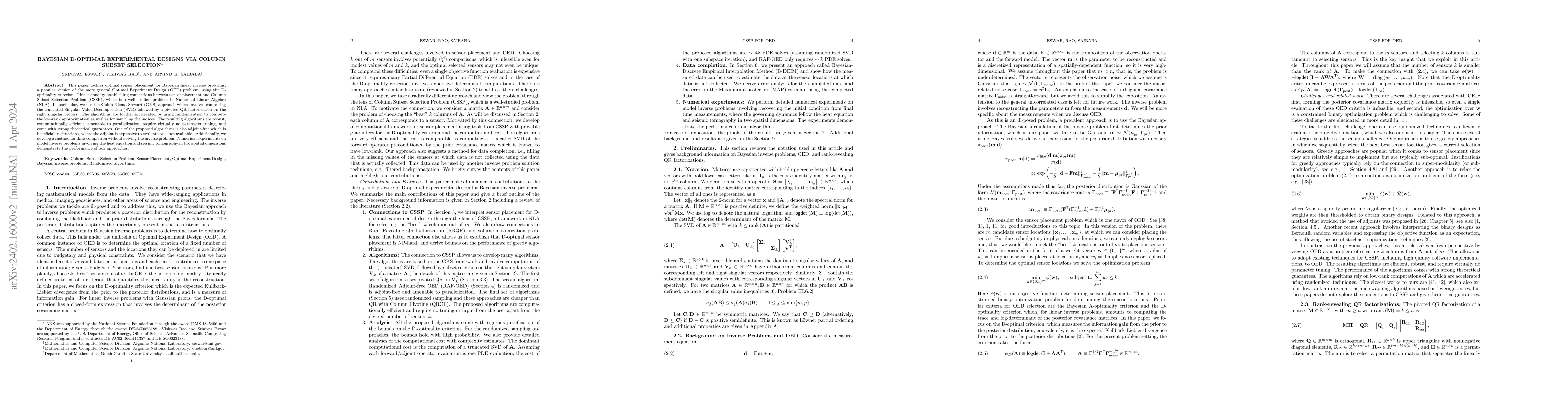 Thumbnail for Bayesian D-Optimal Experimental Designs via Column Subset Selection