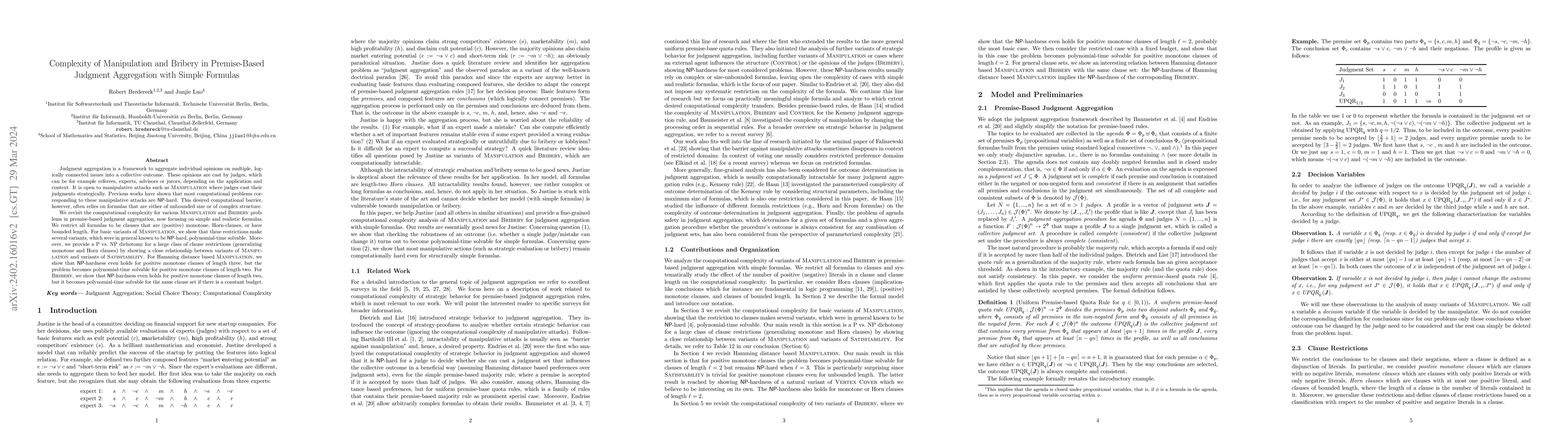 Thumbnail for Complexity of Manipulation and Bribery in Premise-Based Judgment
  Aggregation with Simple Formulas