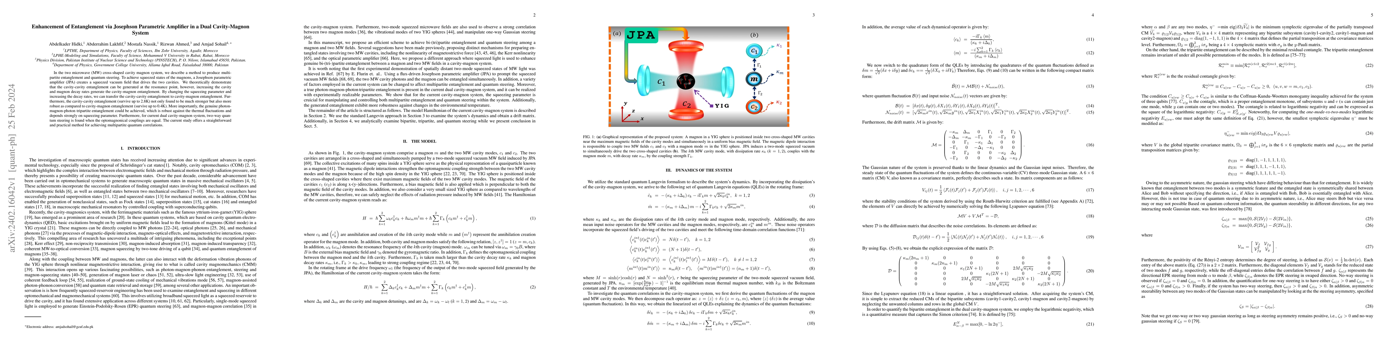 Thumbnail for Enhancement of Entanglement via Josephson Parametric Amplifier in a Dual
  Cavity-Magnon System