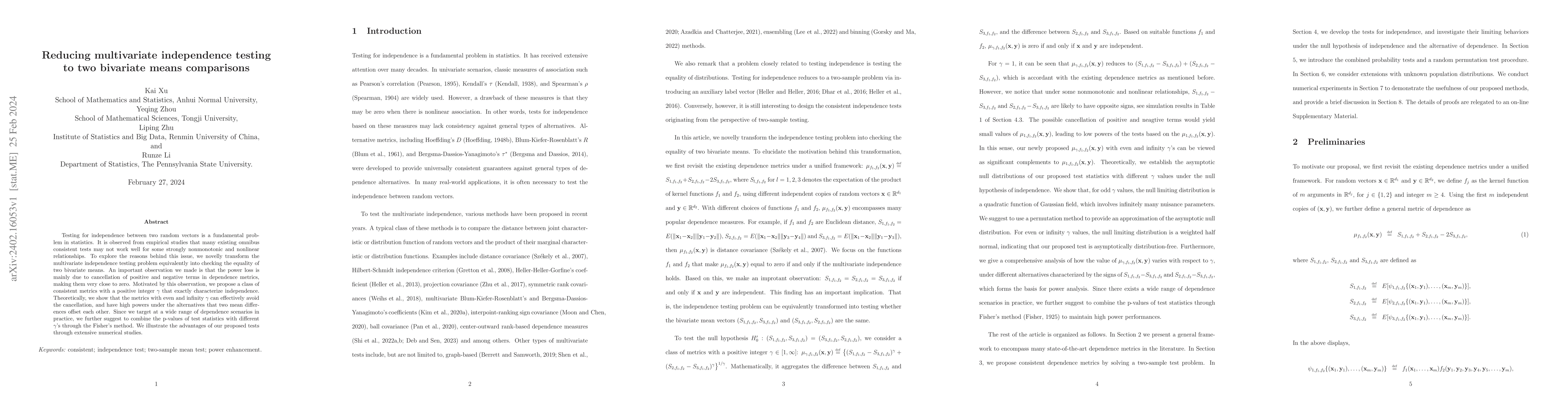 Thumbnail for Reducing multivariate independence testing to two bivariate means
  comparisons