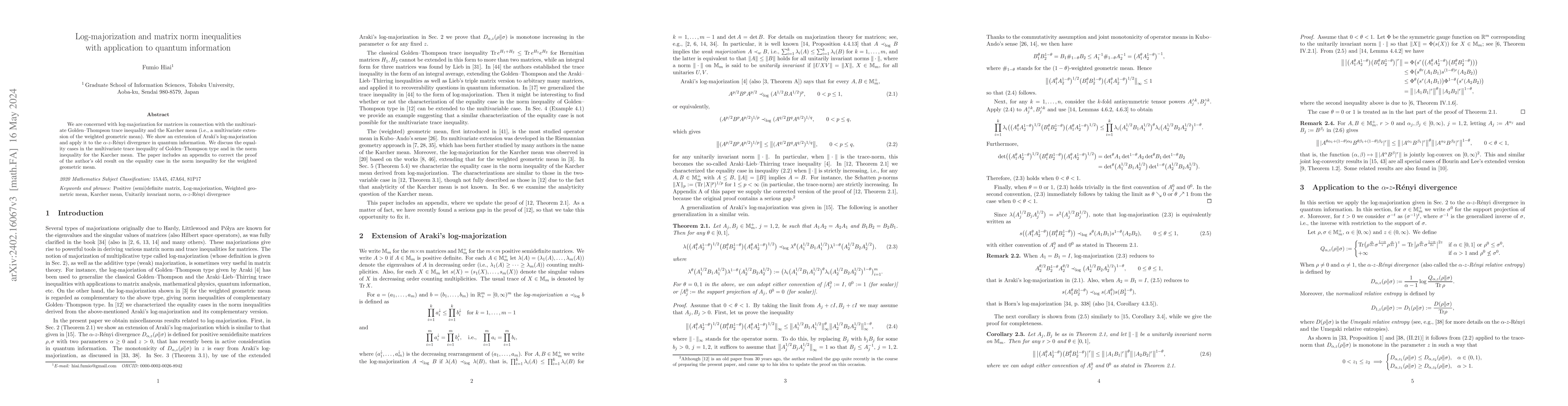 Thumbnail for Log-majorization and matrix norm inequalities with application to
  quantum information