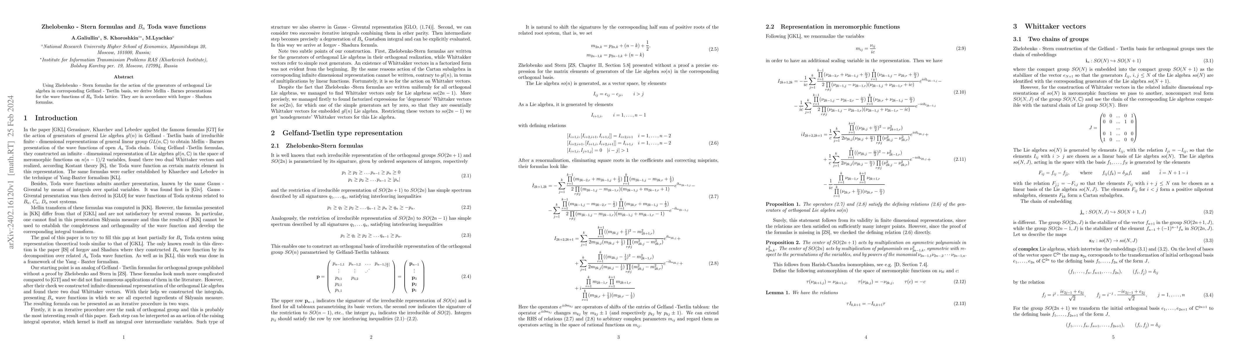 Thumbnail for Zhelobenko-Stern formulas and $B_n$ Toda wave functions