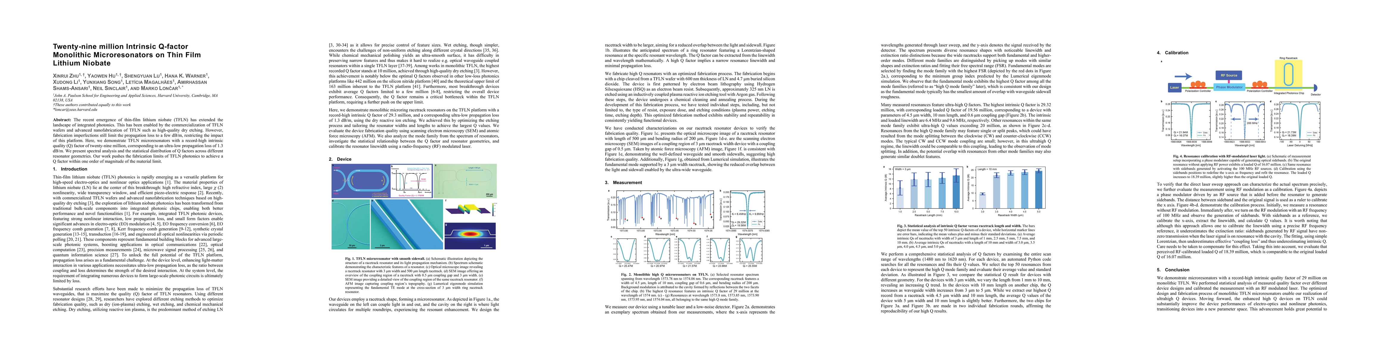 Thumbnail for Twenty-nine million Intrinsic Q-factor Monolithic Microresonators on
  Thin Film Lithium Niobate
