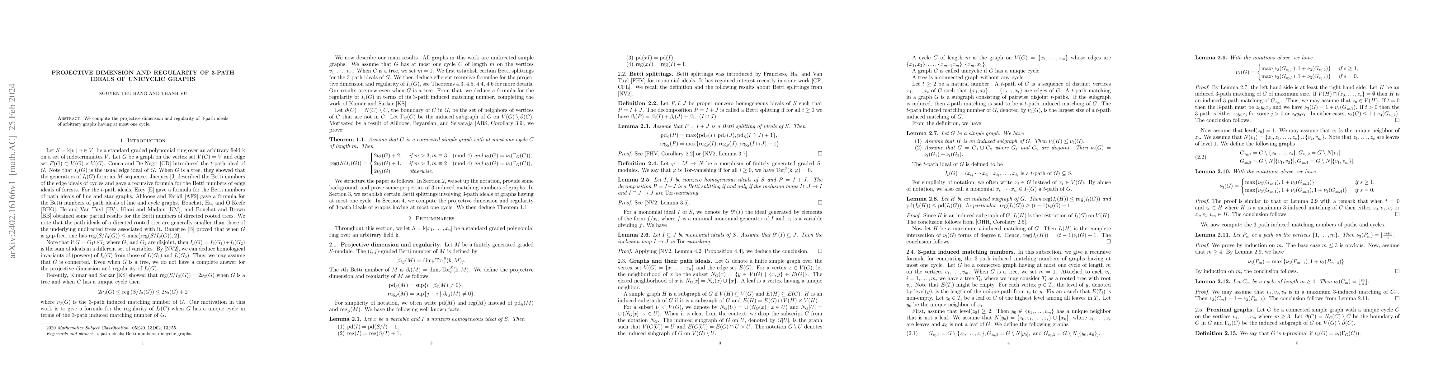 Thumbnail for Projective dimension and regularity of 3-path ideals of unicyclic graphs