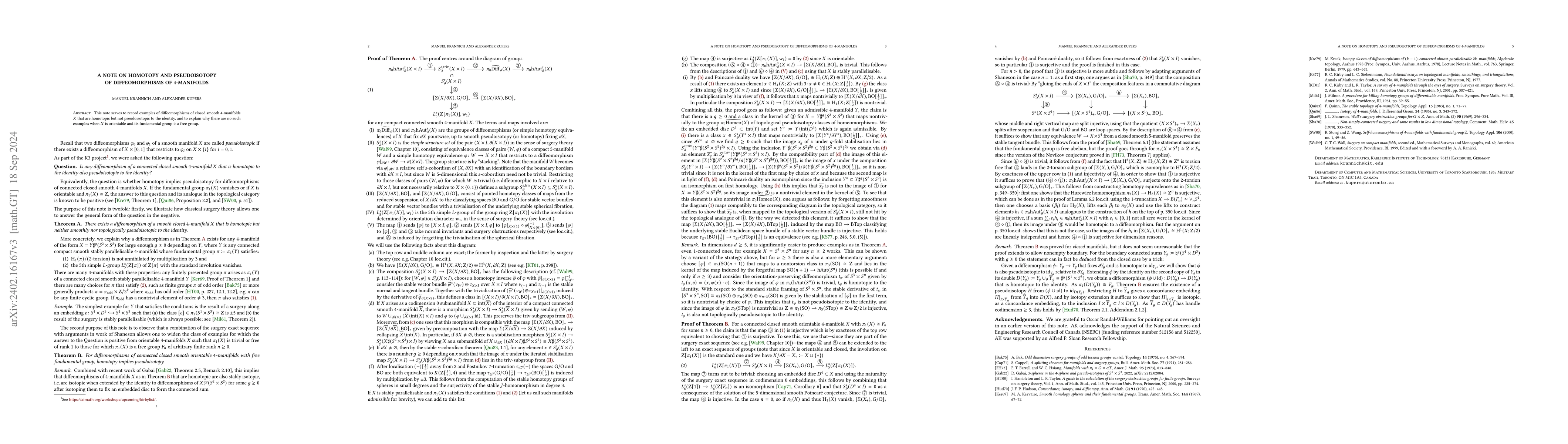Thumbnail for A note on homotopy and pseudoisotopy of diffeomorphisms of $4$-manifolds