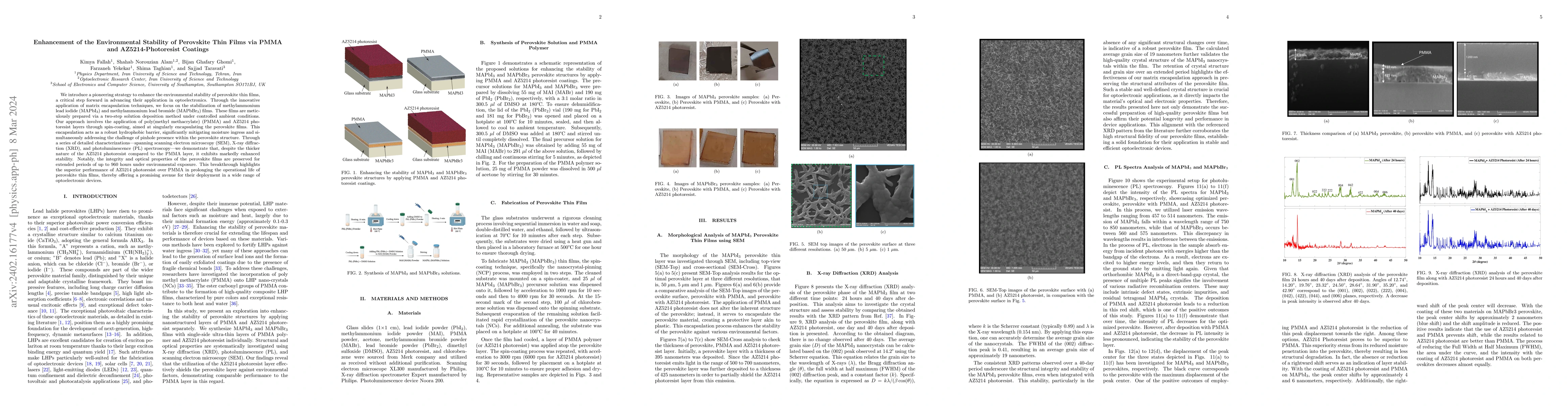 Thumbnail for Enhancement of the Environmental Stability of Perovskite Thin Films via
  PMMA and AZ5214-Photoresist Coatings