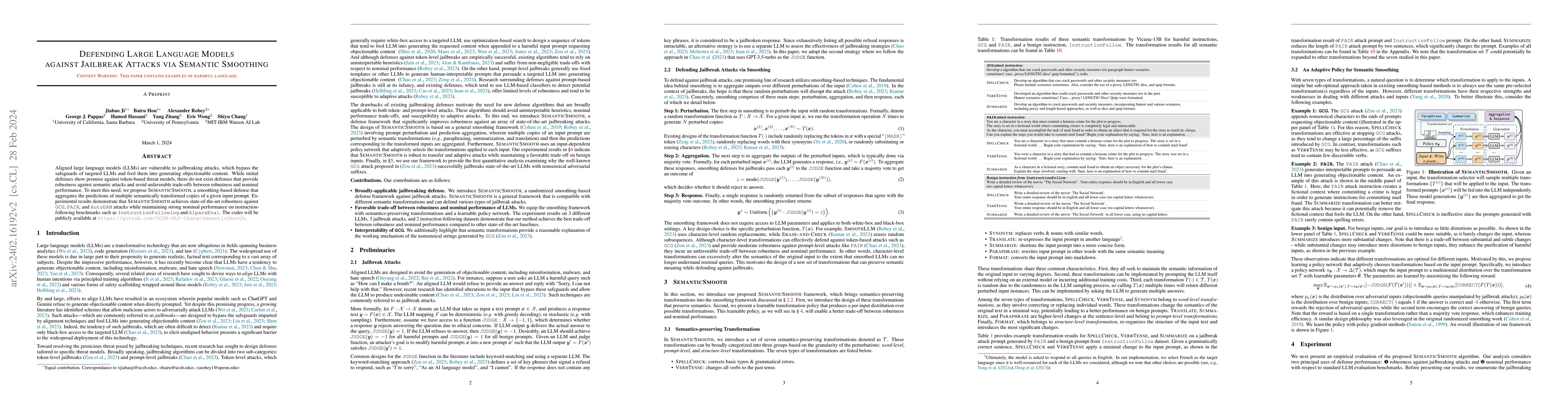 Thumbnail for Defending Large Language Models against Jailbreak Attacks via Semantic
  Smoothing