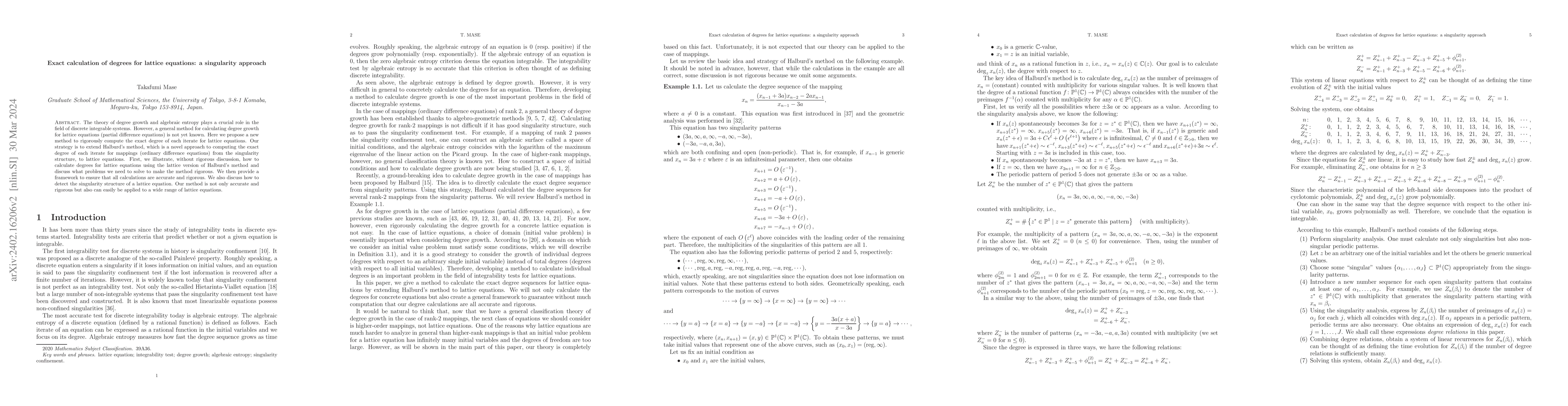 Thumbnail for Exact calculation of degrees for lattice equations: a singularity
  approach