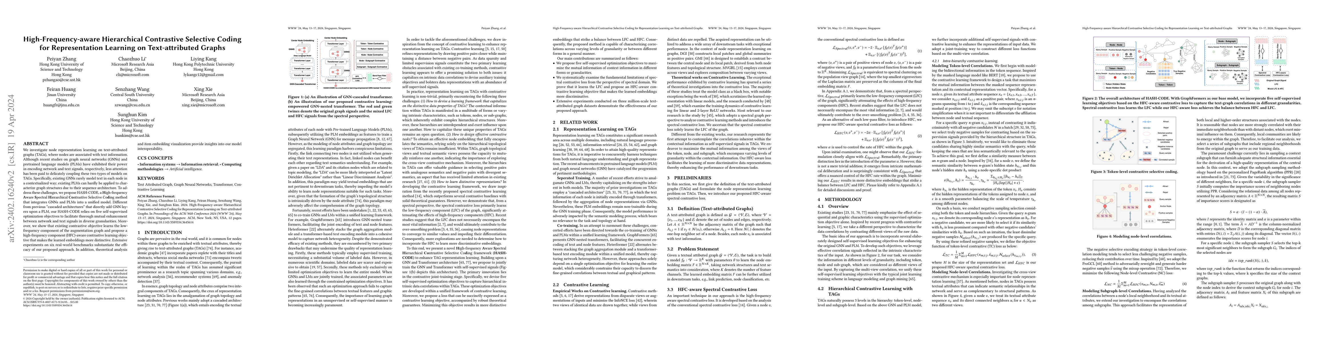 Thumbnail for High-Frequency-aware Hierarchical Contrastive Selective Coding for
  Representation Learning on Text-attributed Graphs