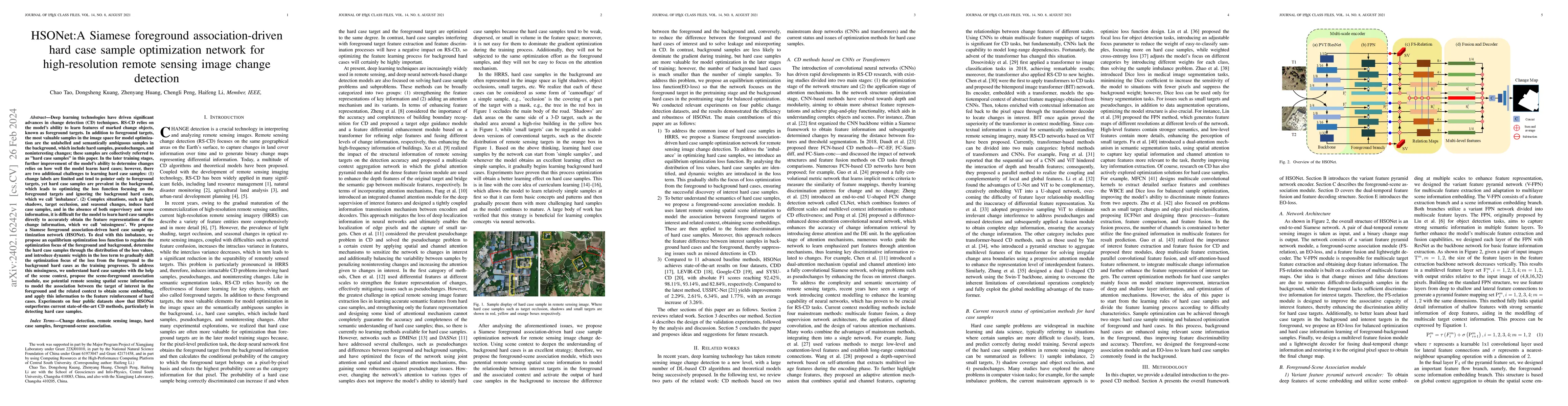 Thumbnail for HSONet:A Siamese foreground association-driven hard case sample
  optimization network for high-resolution remote sensing image change
  detection