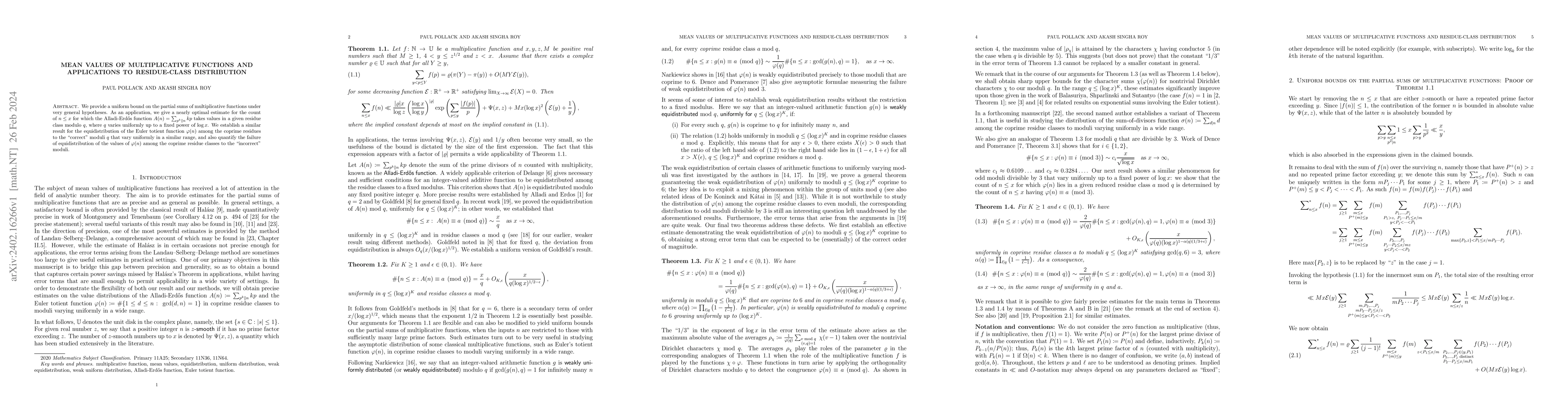 Thumbnail for Mean values of multiplicative functions and applications to
  residue-class distribution