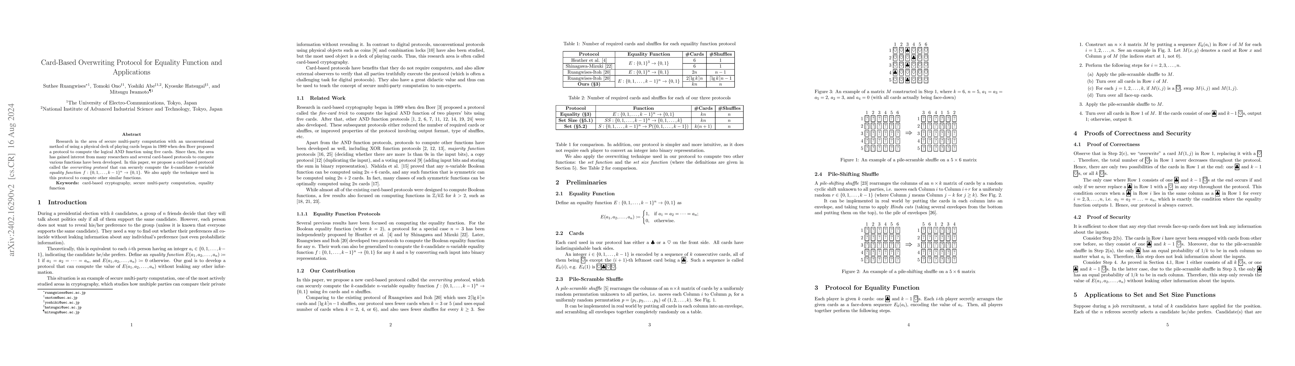 Thumbnail for Card-Based Overwriting Protocol for Equality Function and Applications