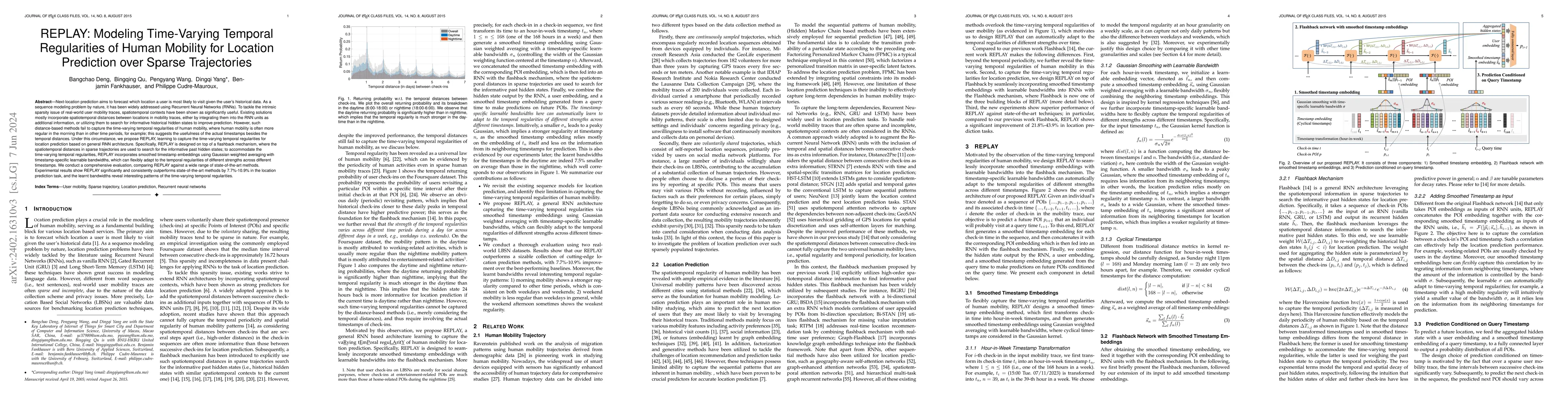 Thumbnail for REPLAY: Modeling Time-Varying Temporal Regularities of Human Mobility
  for Location Prediction over Sparse Trajectories