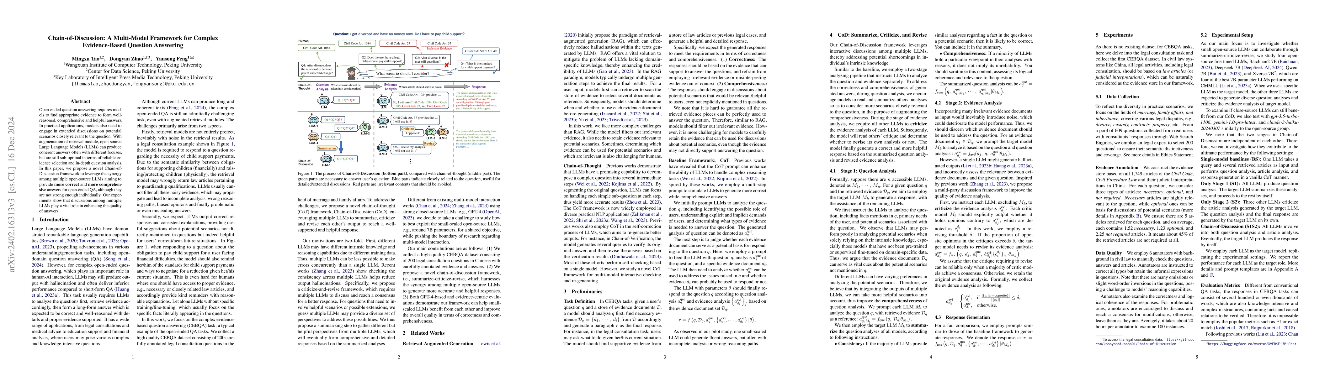 Thumbnail for Chain-of-Discussion: A Multi-Model Framework for Complex Evidence-Based
  Question Answering