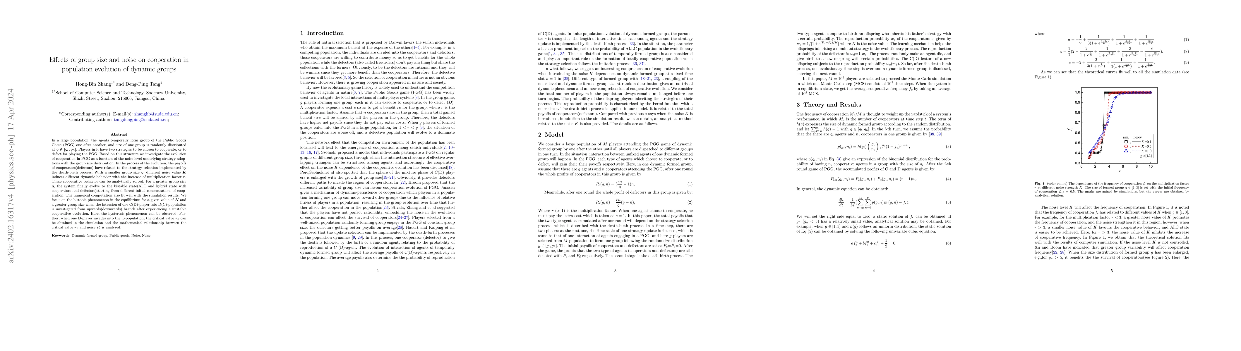Thumbnail for Effects of group size and noise on cooperation in population evolution
  of dynamic groups