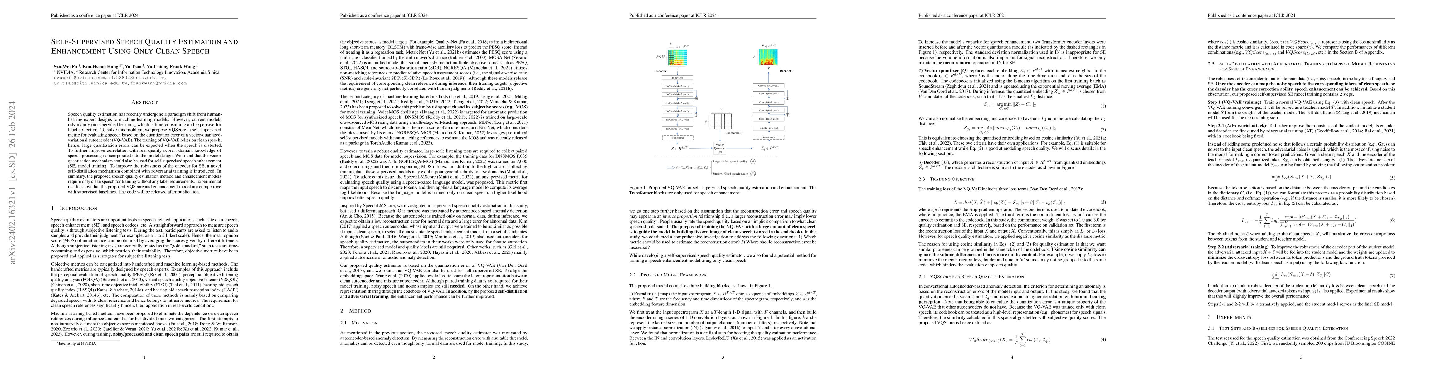 Thumbnail for Self-Supervised Speech Quality Estimation and Enhancement Using Only
  Clean Speech