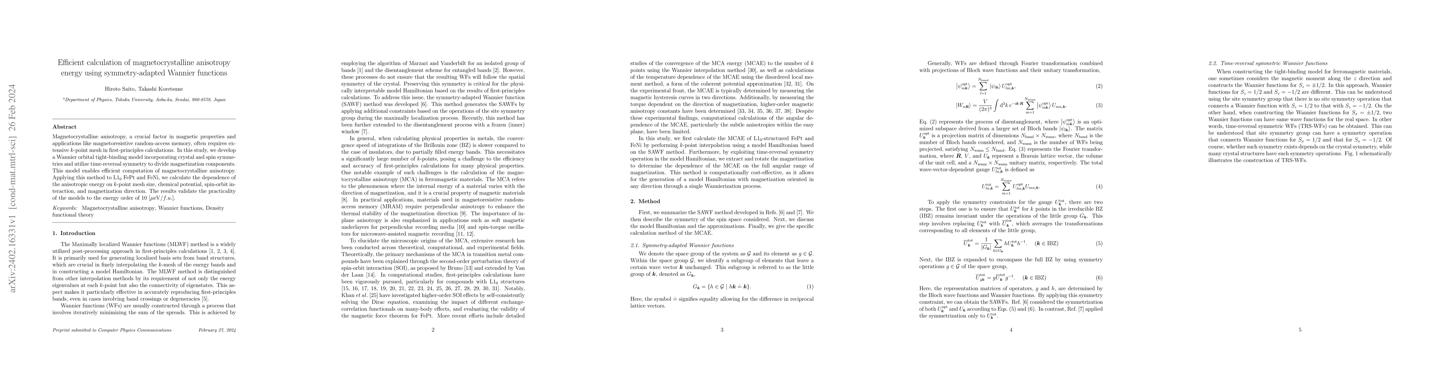 Thumbnail for Efficient calculation of magnetocrystalline anisotropy energy using
  symmetry-adapted Wannier functions