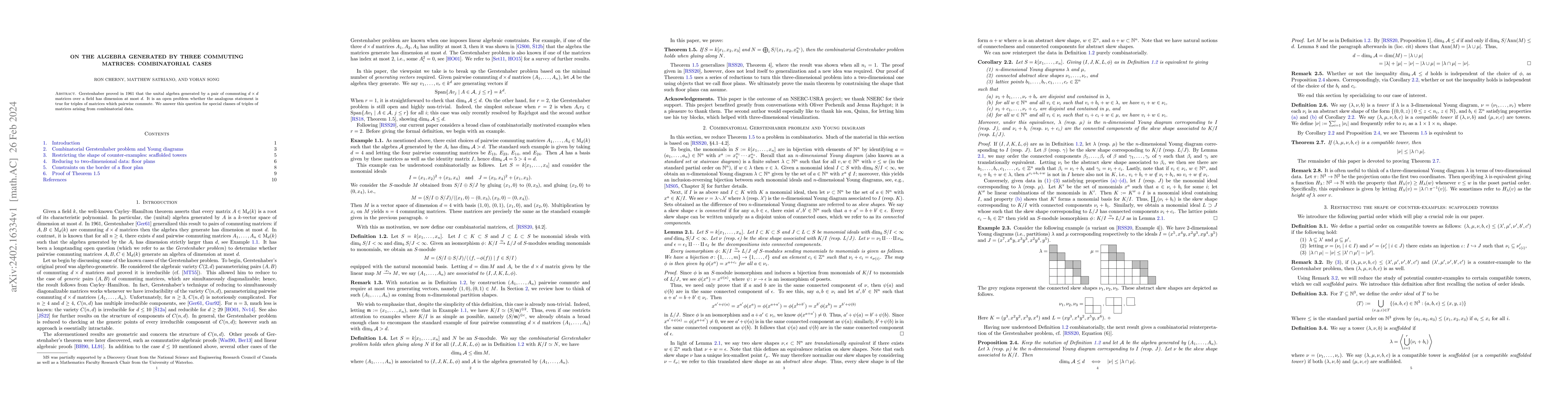 Thumbnail for On the algebra generated by three commuting matrices: combinatorial
  cases