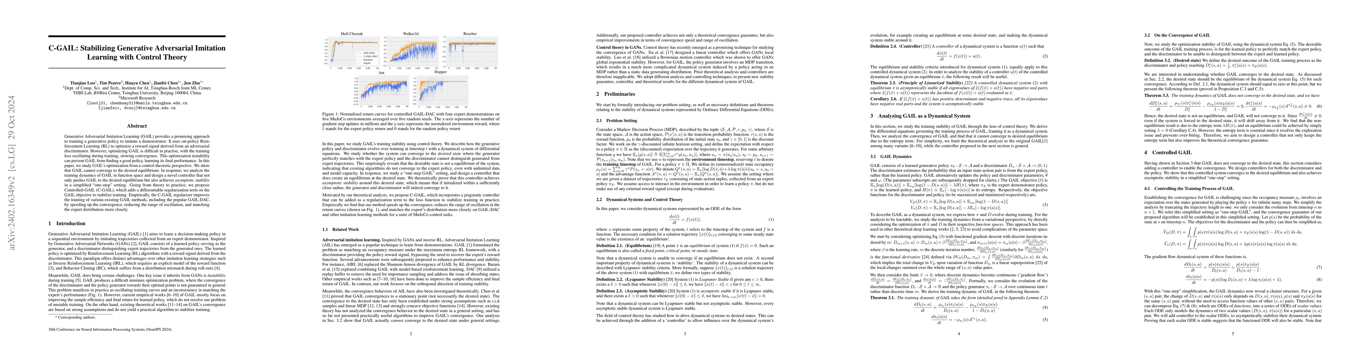 Thumbnail for C-GAIL: Stabilizing Generative Adversarial Imitation Learning with
  Control Theory