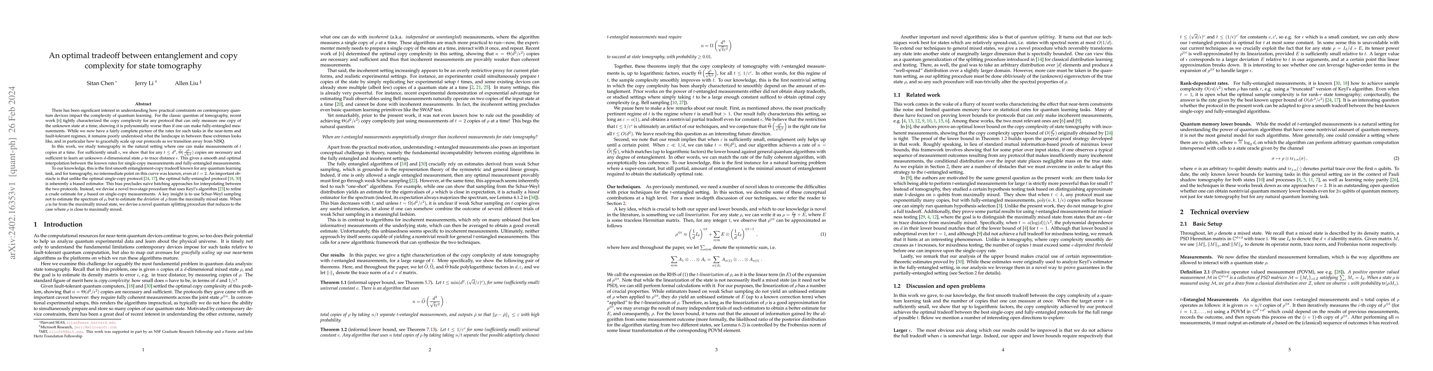 Thumbnail for An optimal tradeoff between entanglement and copy complexity for state
  tomography