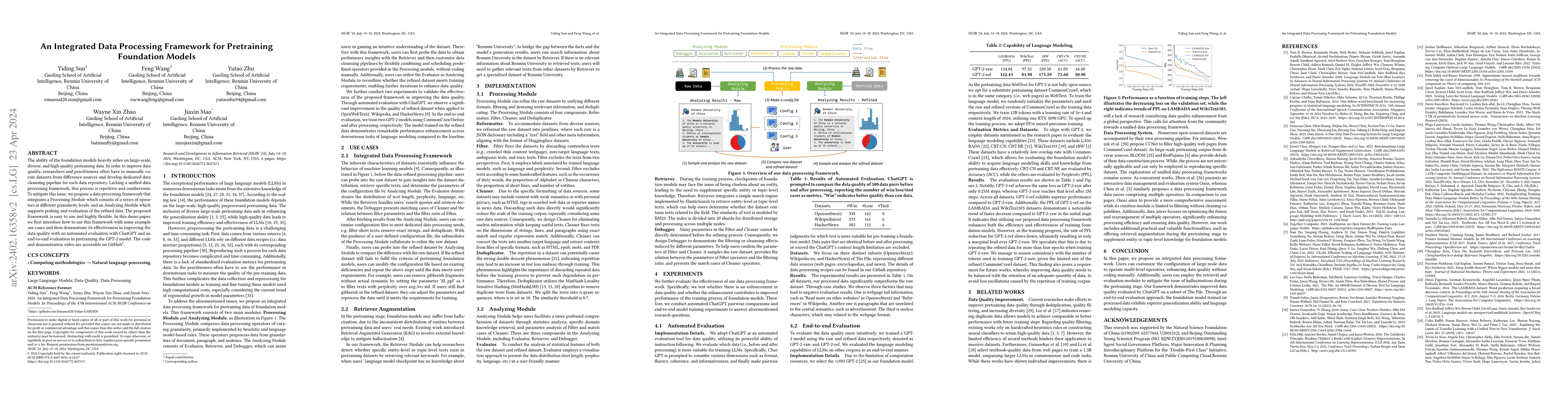 Thumbnail for An Integrated Data Processing Framework for Pretraining Foundation
  Models