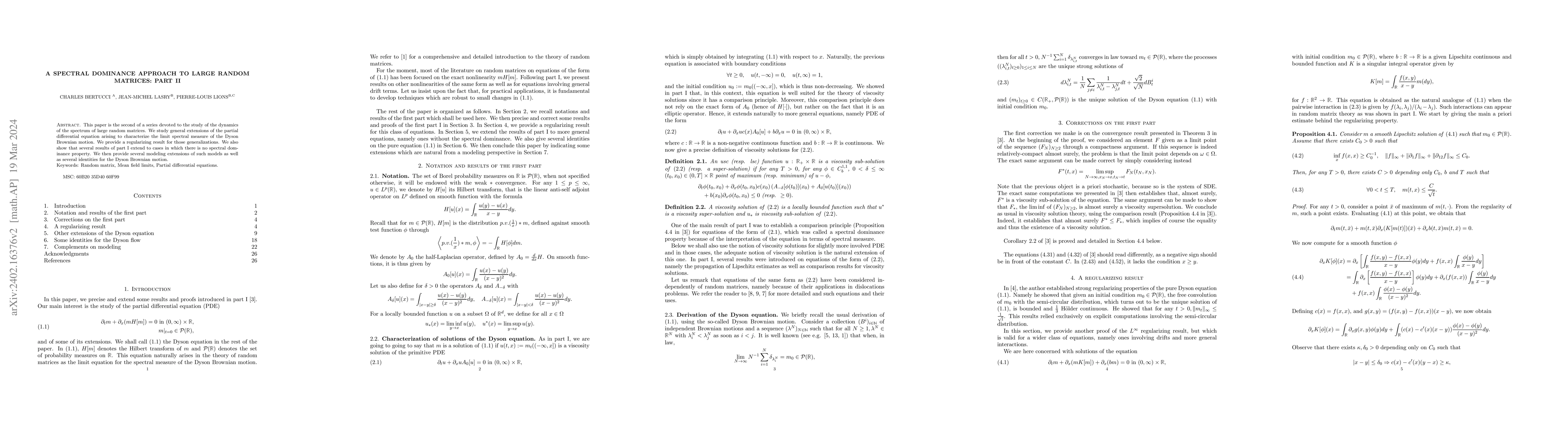 Thumbnail for A spectral dominance approach to large random matrices: part II