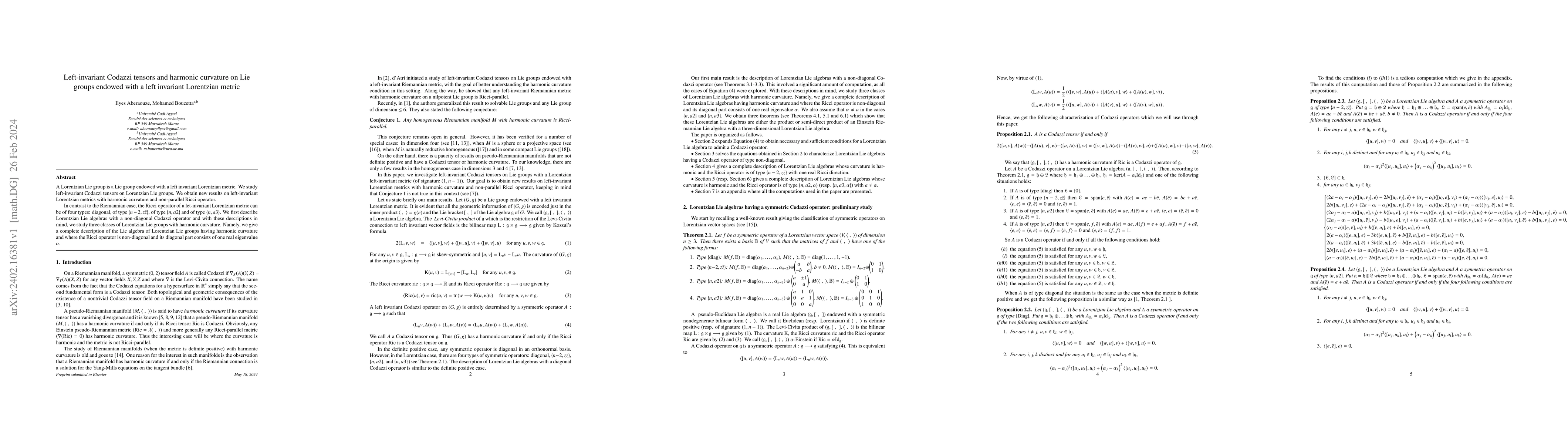 Thumbnail for Left-invariant Codazzi tensors and harmonic curvature on Lie groups
  endowed with a left invariant Lorentzian metric