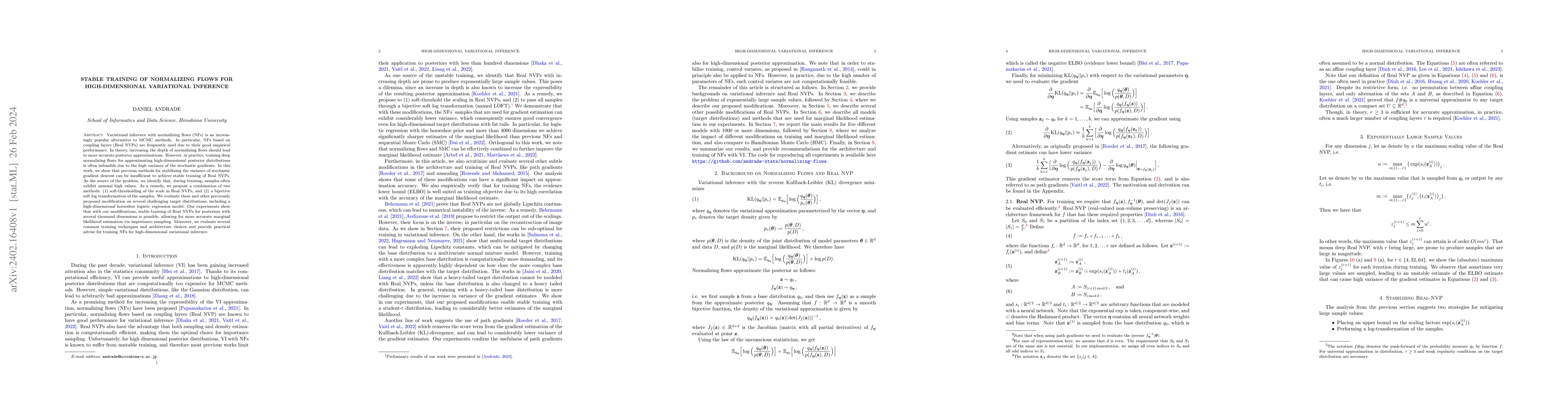 Thumbnail for Stable Training of Normalizing Flows for High-dimensional Variational
  Inference
