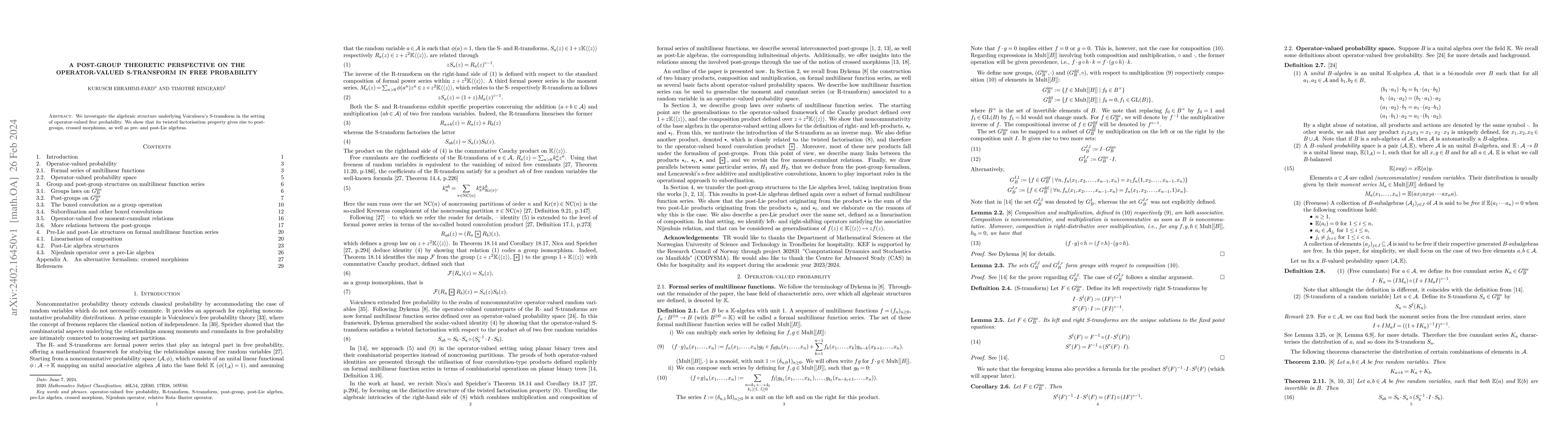 Thumbnail for A post-group theoretic perspective on the operator-valued S-transform in
  free probability